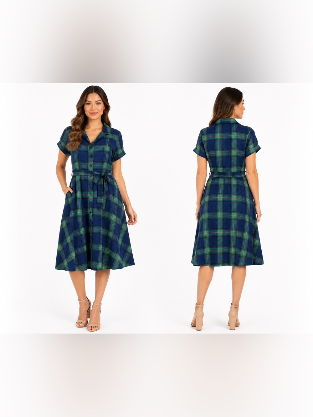Modcloth Collectif Plaid Button-Front Shirt Dress with Tie - Blue/Green. XL